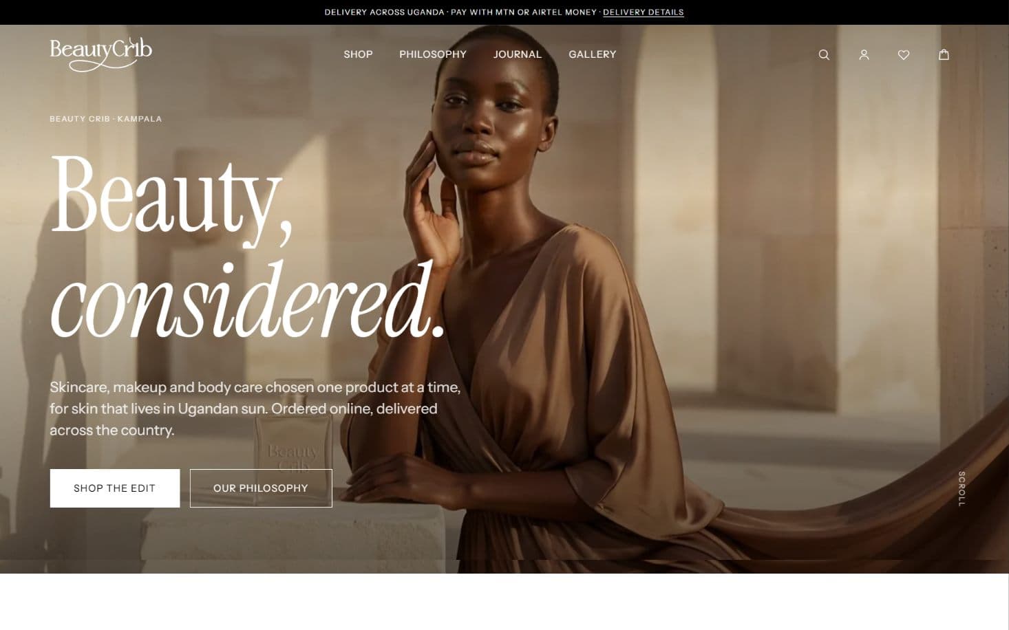 Beauty Crib homepage as it appears on desktop, above the fold