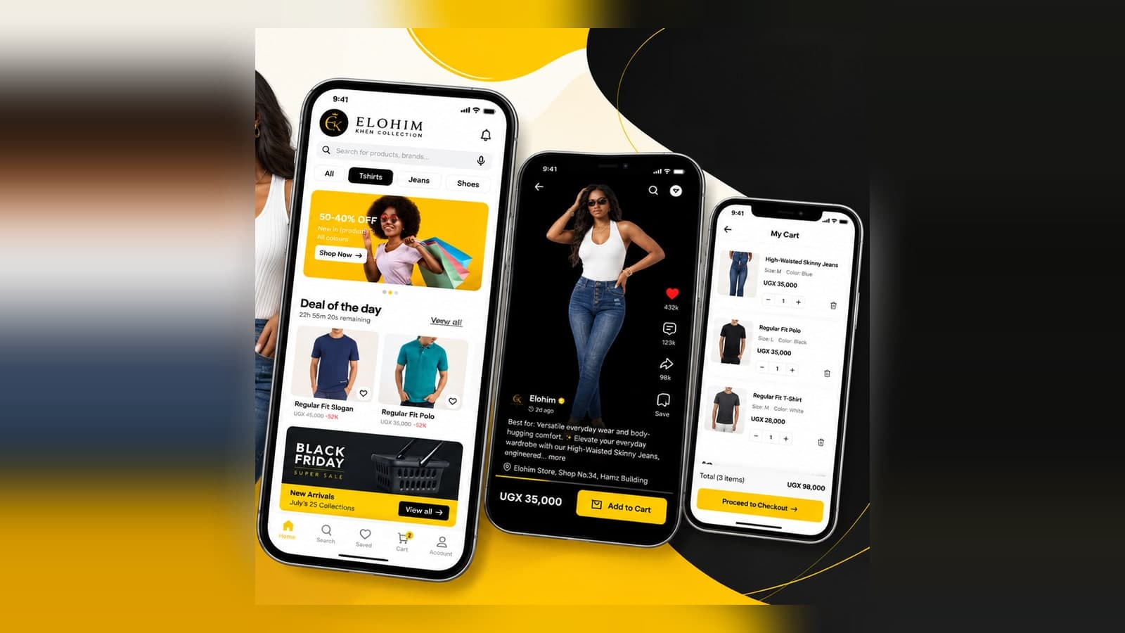 Three Elohim Khen Collection app screens on phones: a home feed with search, categories and a Deal of the day; a full-screen vertical fashion view with an action column and an Add to Cart bar; and a cart with a Proceed to Checkout button