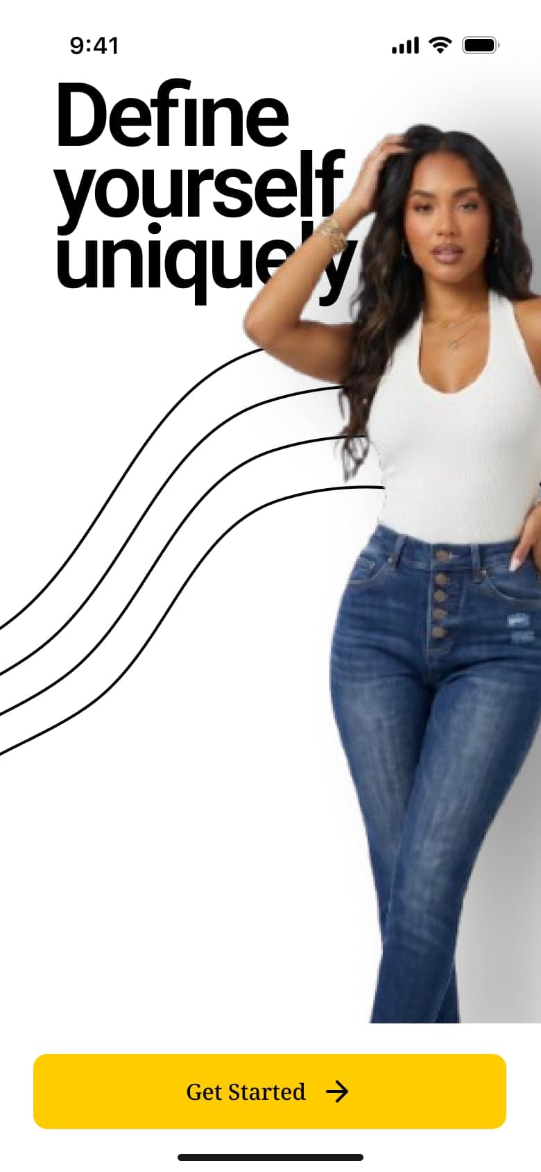 Elohim Khen Collection onboarding screen: the headline “Define yourself uniquely” over a model in a white top and jeans, with a Get Started button