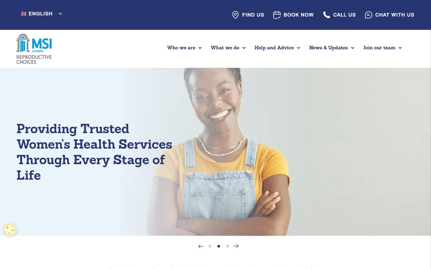 Marie Stopes Uganda homepage as it appears on desktop, above the fold