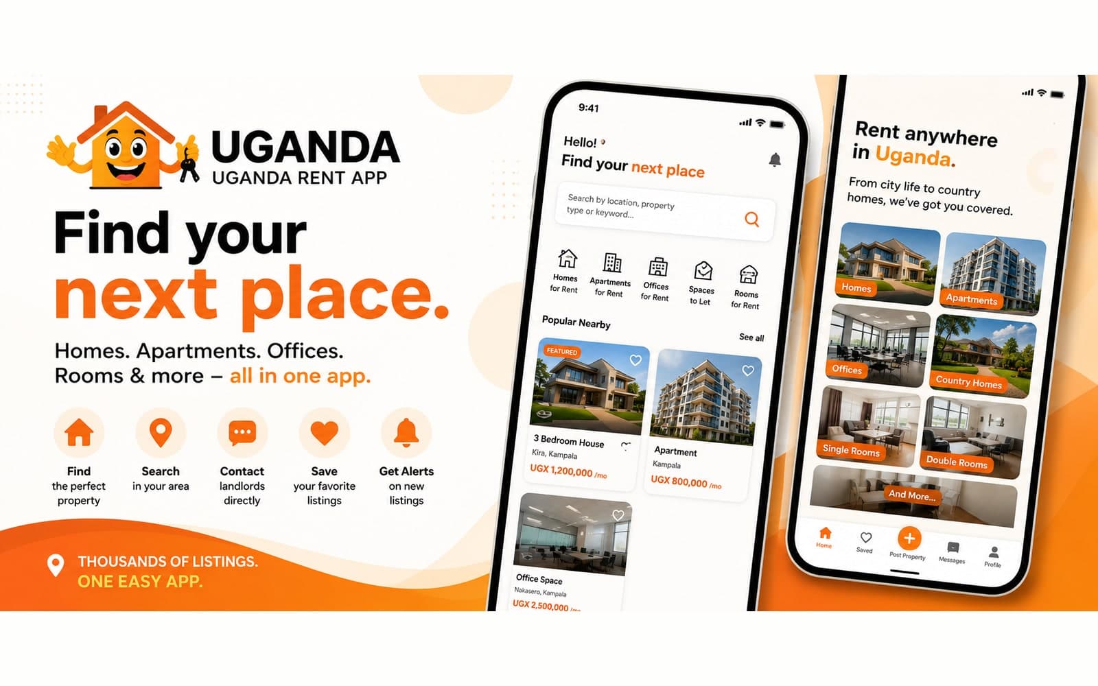 Uganda Rent App promotional artwork showing the home and browse screens on two phones