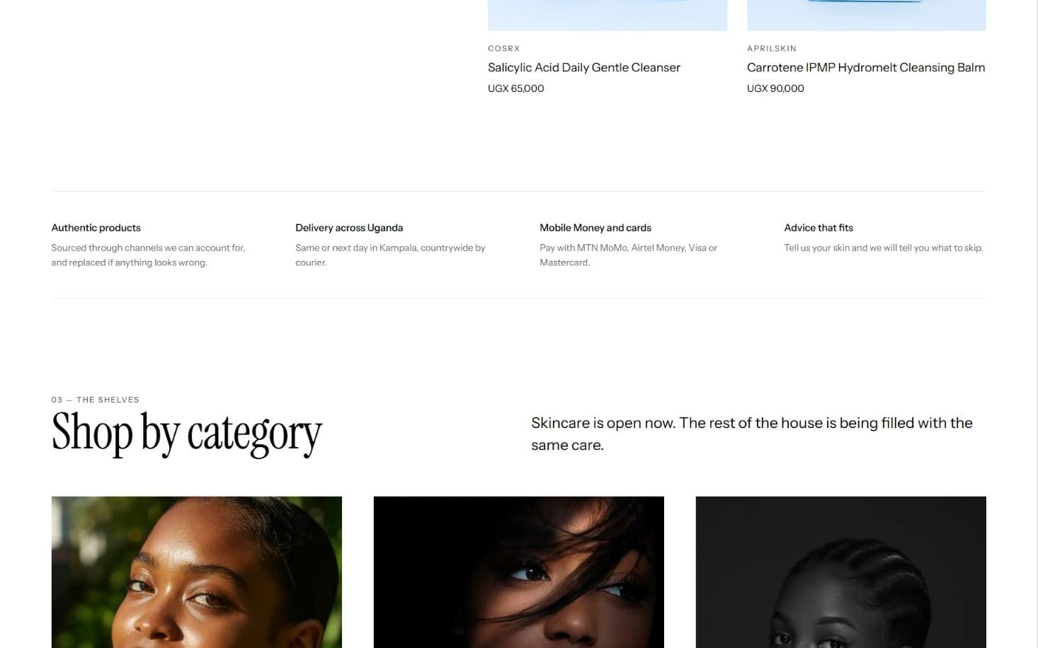 Beauty Crib homepage, a section further down the page